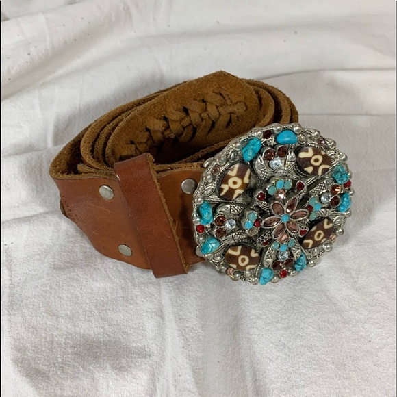 Vintage LEATHEROCKS USA jeweled turquoise woven leather belt 34 medium main image 11